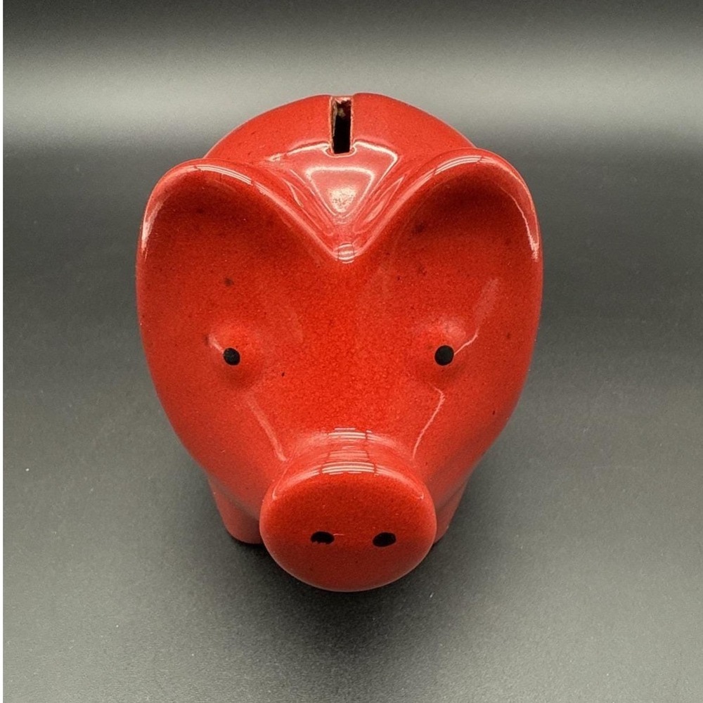 Vtg Stoneware/Ceramic Red Piggy Bank Glazed Pig Mushroom Floral 1979 Germany - Picture 2 of 10